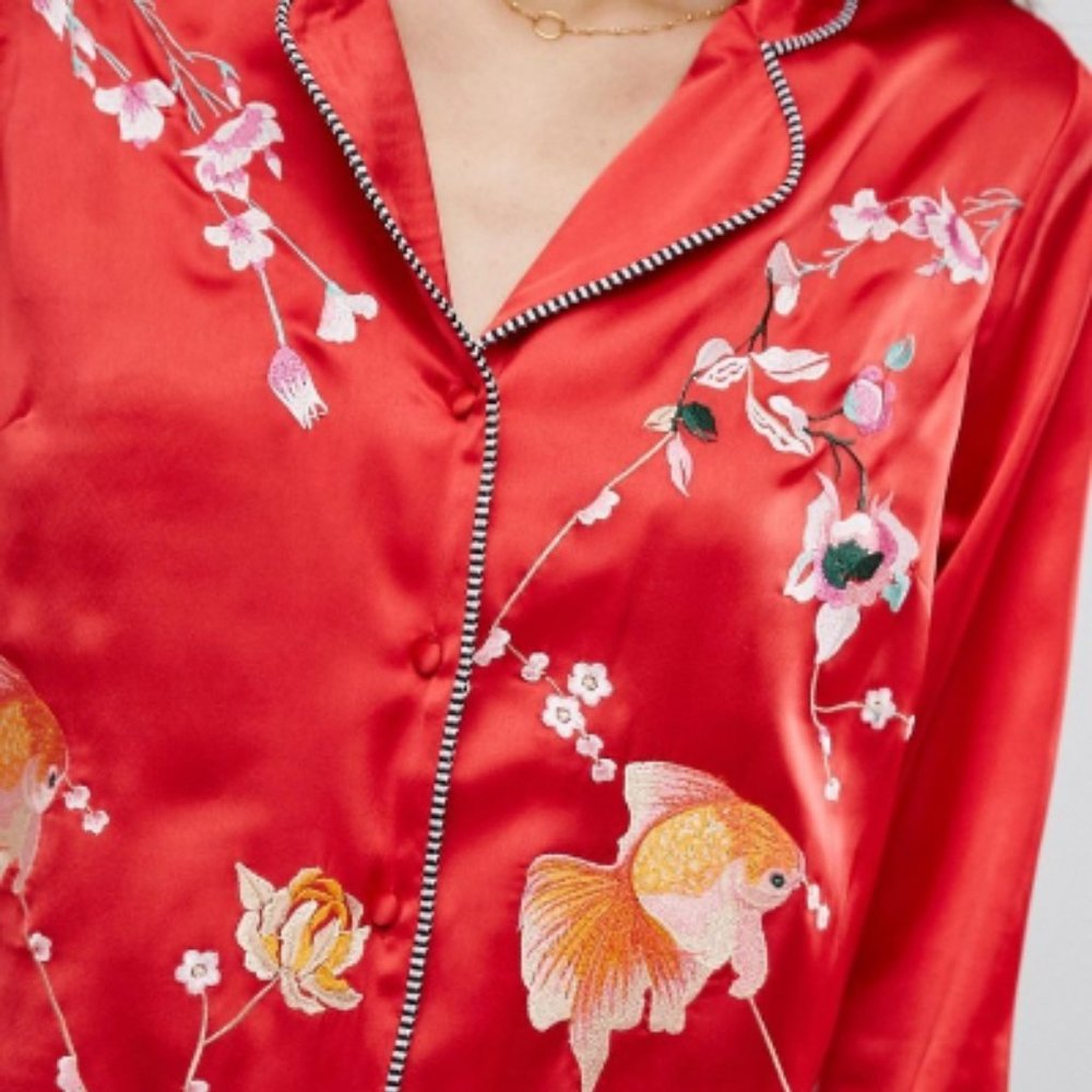 ASOS Premium Satin Pajama Blouse With Embroidery NEWYEAR LOOK
